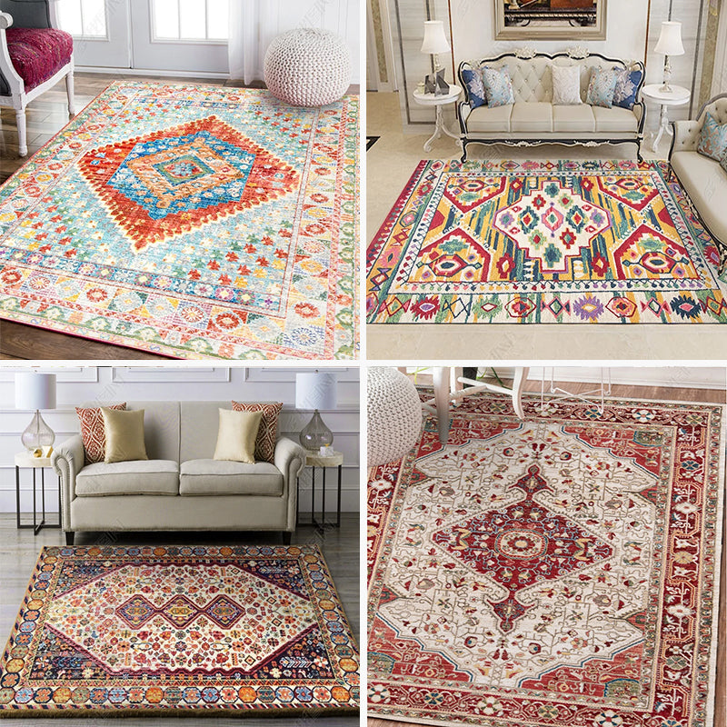 Moroccan Living Room Rug Multi-Colored Printed Carpet Cotton Anti-Slip Machine Washable Pet Friendly Rug