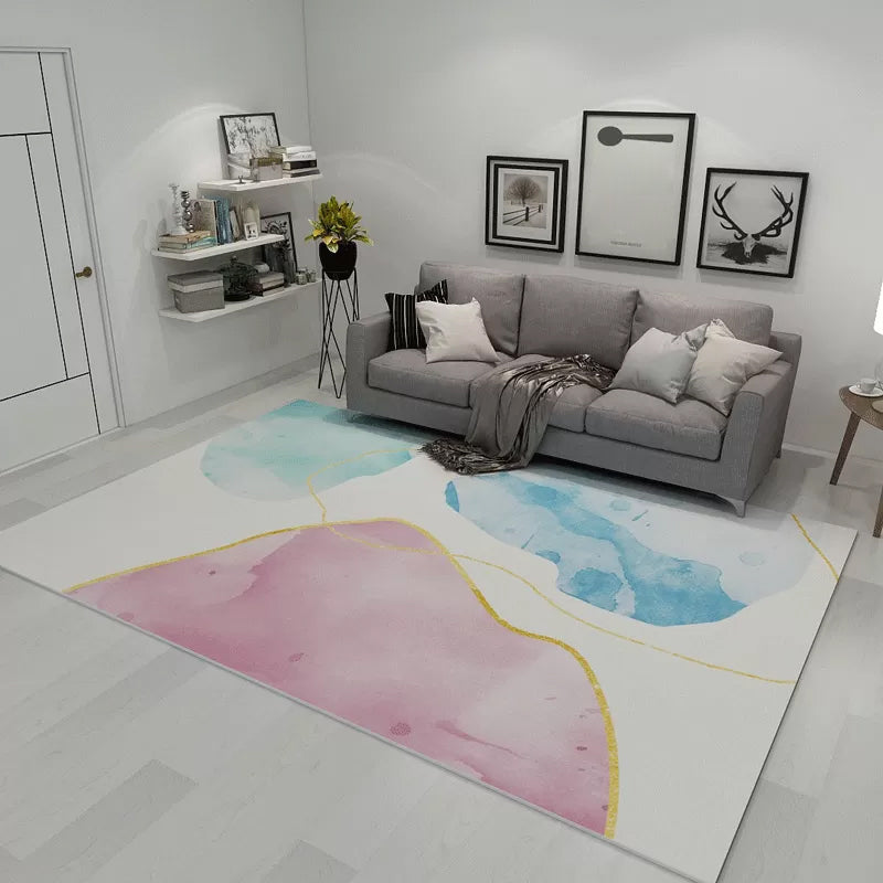 Minimalist Living Room Rug Multicolor Abstract Color Block Carpet Polyester Washable Pet Friendly Anti-Slip Backing Rug