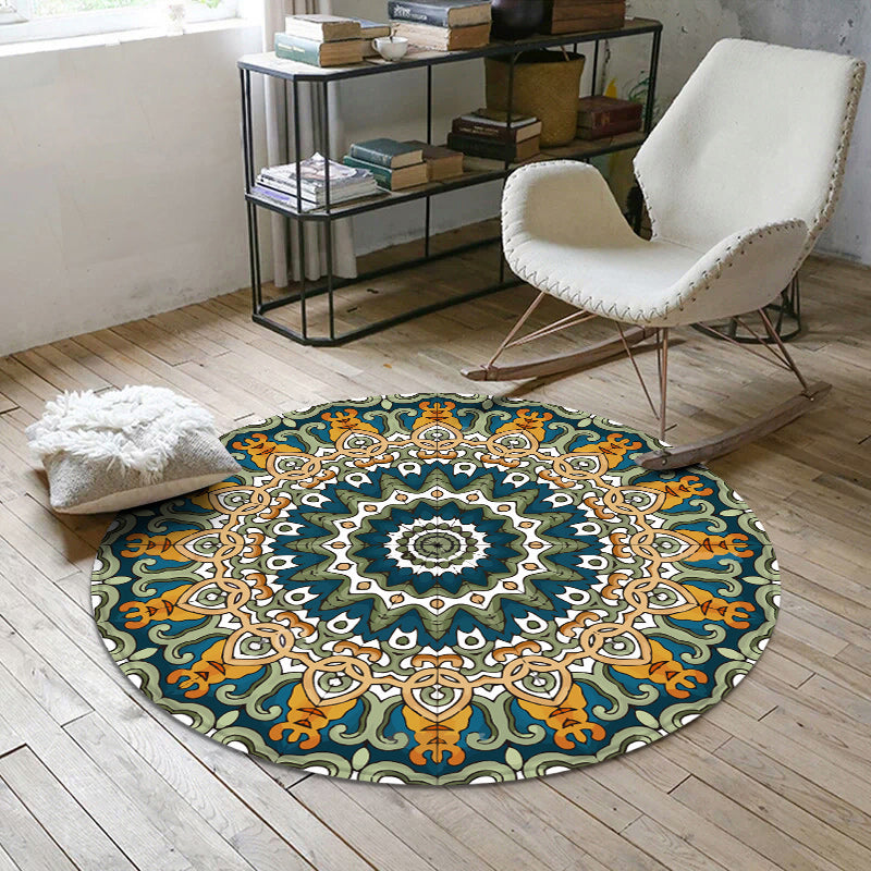 Aesthetics Mandala Rug Multi Color Moroccan Carpet Polyester Anti-Slip Backing Washable Stain Resistant Rug for Room