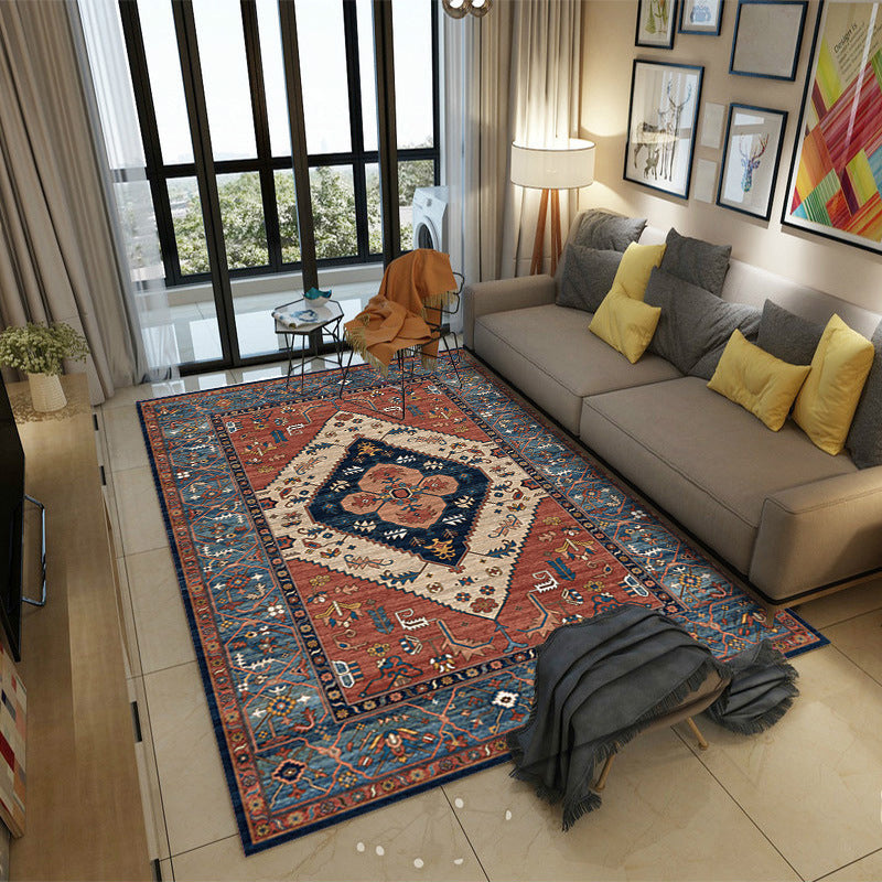 Multi-Color Floral Print Rug Polyester Moroccan Area Carpet Non-Slip Backing Machine Washable Pet Friendly Rug for Sitting Room