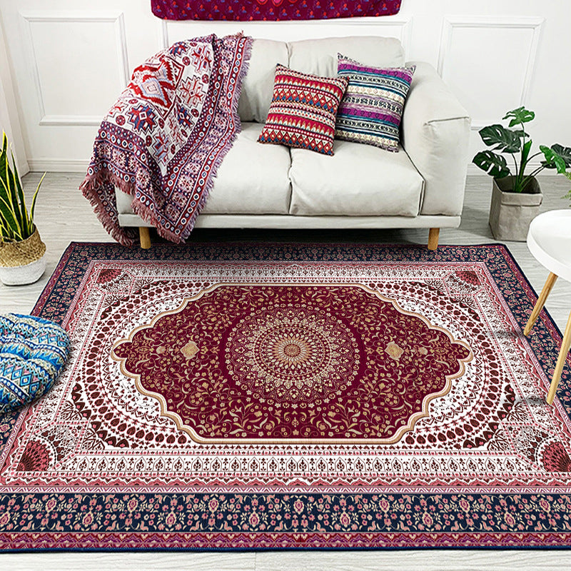 Multi-Color Floral Print Rug Polyester Moroccan Area Carpet Non-Slip Backing Machine Washable Pet Friendly Rug for Sitting Room