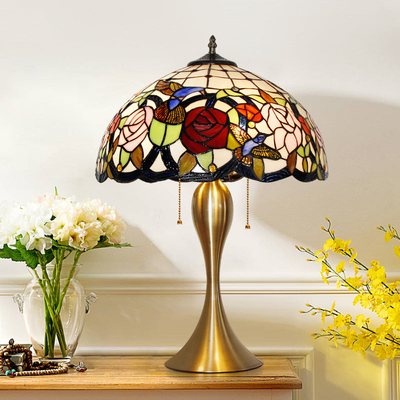 Lampada da comodino a cupola tradizionale vetro colorato 3 teste in ottone a catena leggera con motivo floreale e uccello