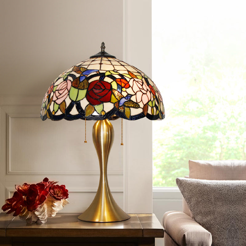 Lampada da comodino a cupola tradizionale vetro colorato 3 teste in ottone a catena leggera con motivo floreale e uccello