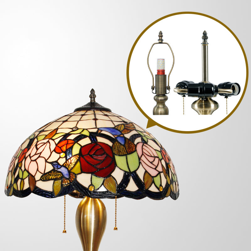 Lampada da comodino a cupola tradizionale vetro colorato 3 teste in ottone a catena leggera con motivo floreale e uccello