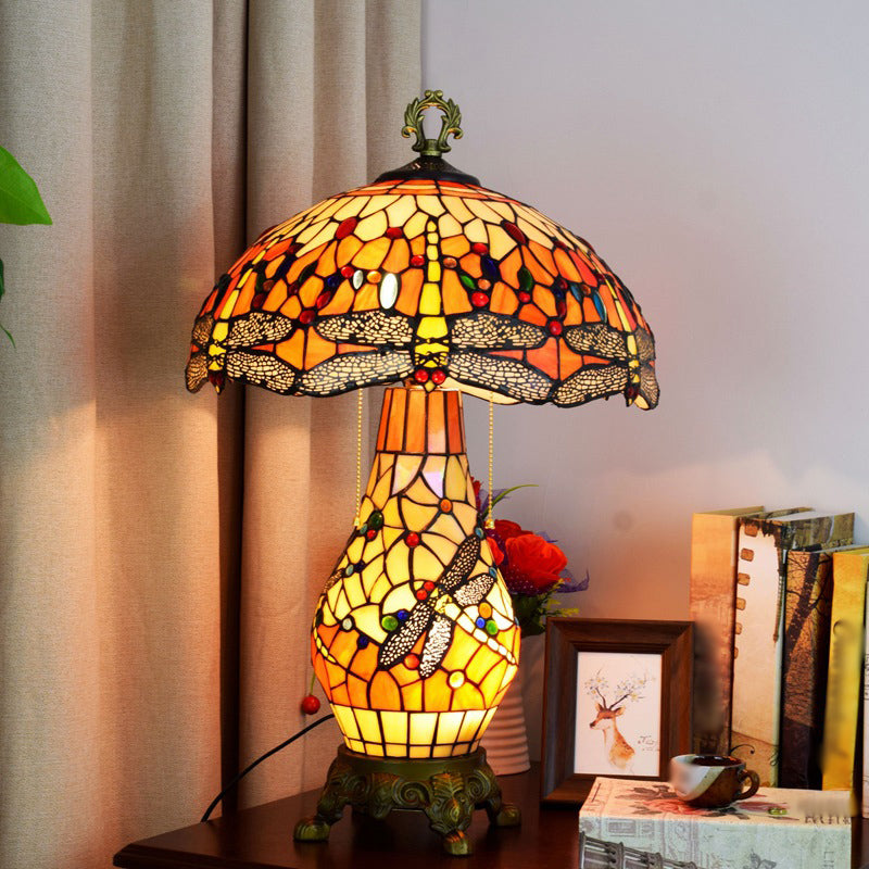 3 Bulbs Mushroom Shaped Nightstand Lamp Vintage Orange Stained Glass Table Light with Dragonfly Pattern
