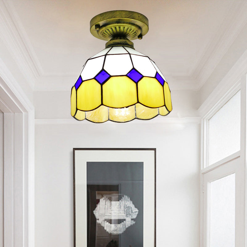 1 Head Flush Mount Light Classic Bell Shade Gridded Glass Semi Flush Ceiling Light