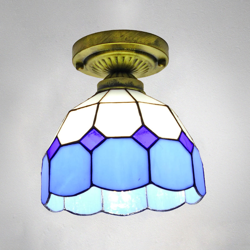 1 Head Flush Mount Light Classic Bell Shade Gridded Glass Semi Flush Ceiling Light