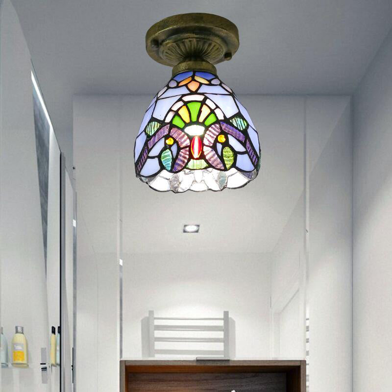 Dome Ceiling Light 1 Bulb Stained Glass Vintage Semi Flush Light Fixture for Corridor