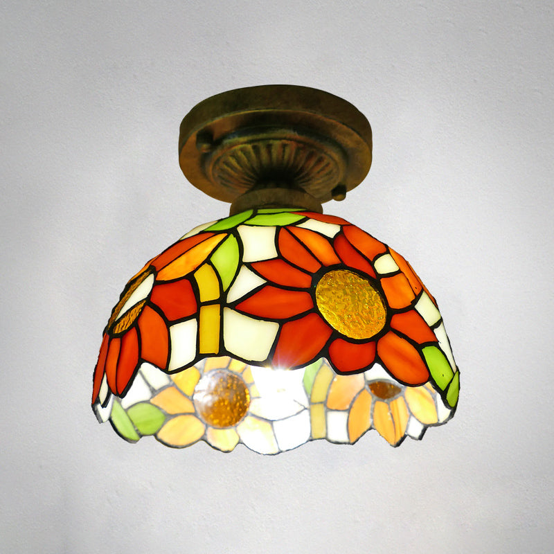 Dome Ceiling Light 1 Bulb Stained Glass Vintage Semi Flush Light Fixture for Corridor