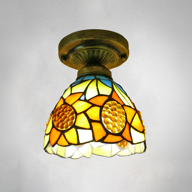 Dome Ceiling Light 1 Bulb Stained Glass Vintage Semi Flush Light Fixture for Corridor