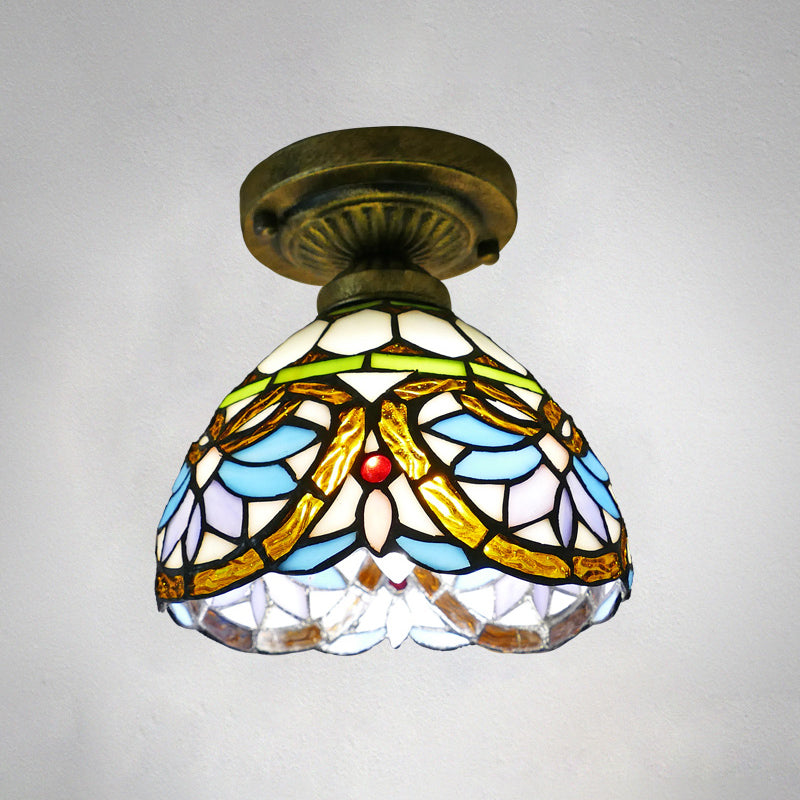Dome Ceiling Light 1 Bulb Stained Glass Vintage Semi Flush Light Fixture for Corridor