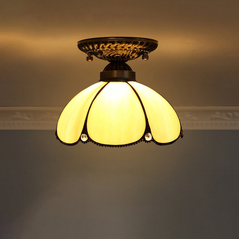 Decorative Dome Shade Semi Flush Mount 1-Light Stained Glass Ceiling Mounted Light