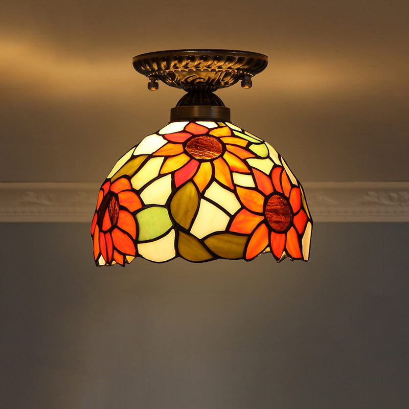 Decorative Dome Shade Semi Flush Mount 1-Light Stained Glass Ceiling Mounted Light