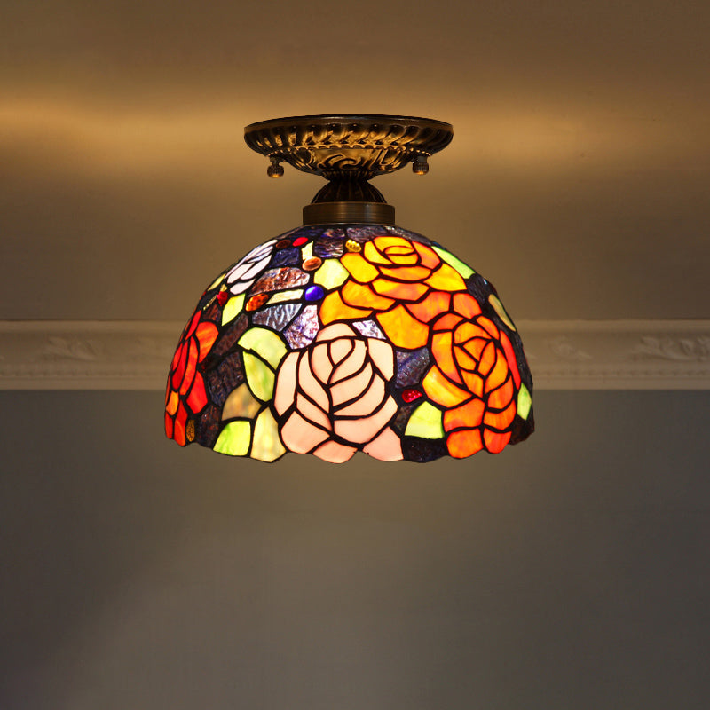 Decorative Dome Shade Semi Flush Mount 1-Light Stained Glass Ceiling Mounted Light