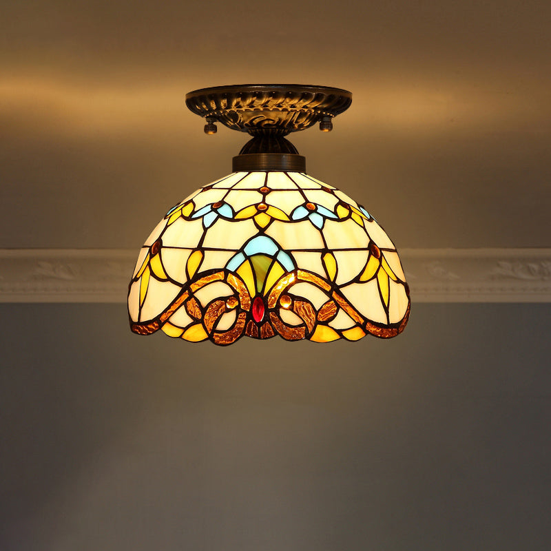 Decorative Dome Shade Semi Flush Mount 1-Light Stained Glass Ceiling Mounted Light