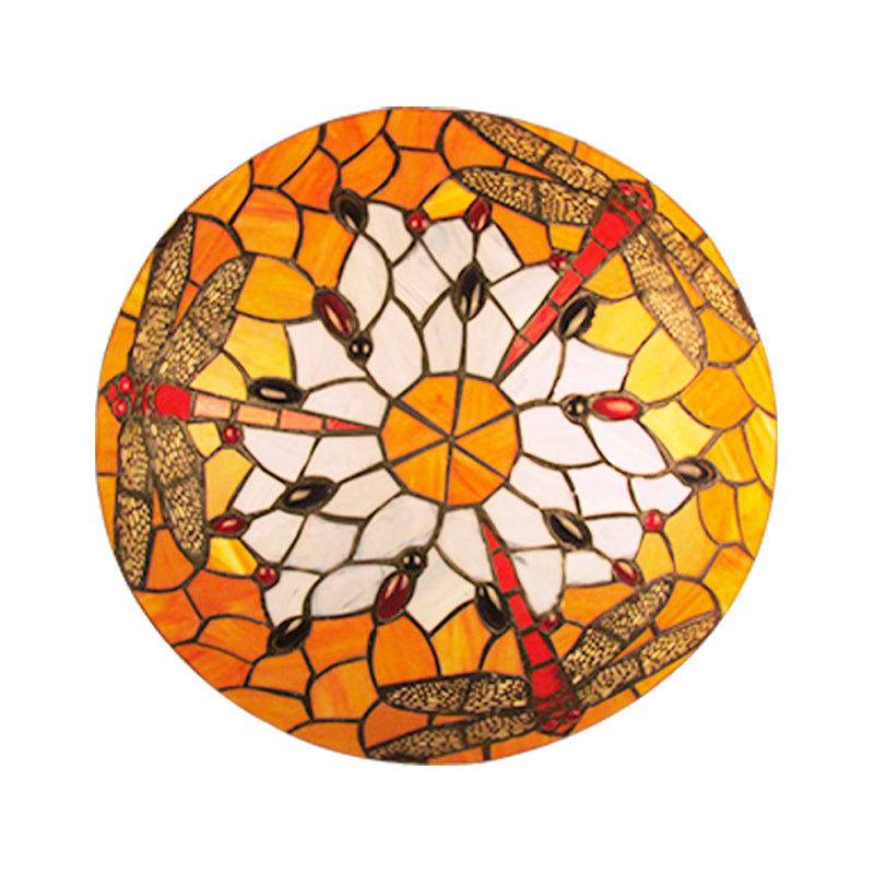 3 Bulbs Flush Mount Tiffany Style Dragonfly Pattern Handcrafted Glass Flushmount Ceiling Light