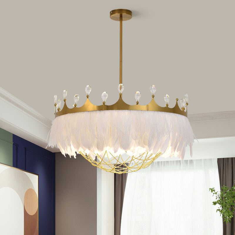 Artistieke kroonvormige plafondlicht veer 1 hoofdmeisjes slaapkamer hangende lamp met kettingnet en kristal