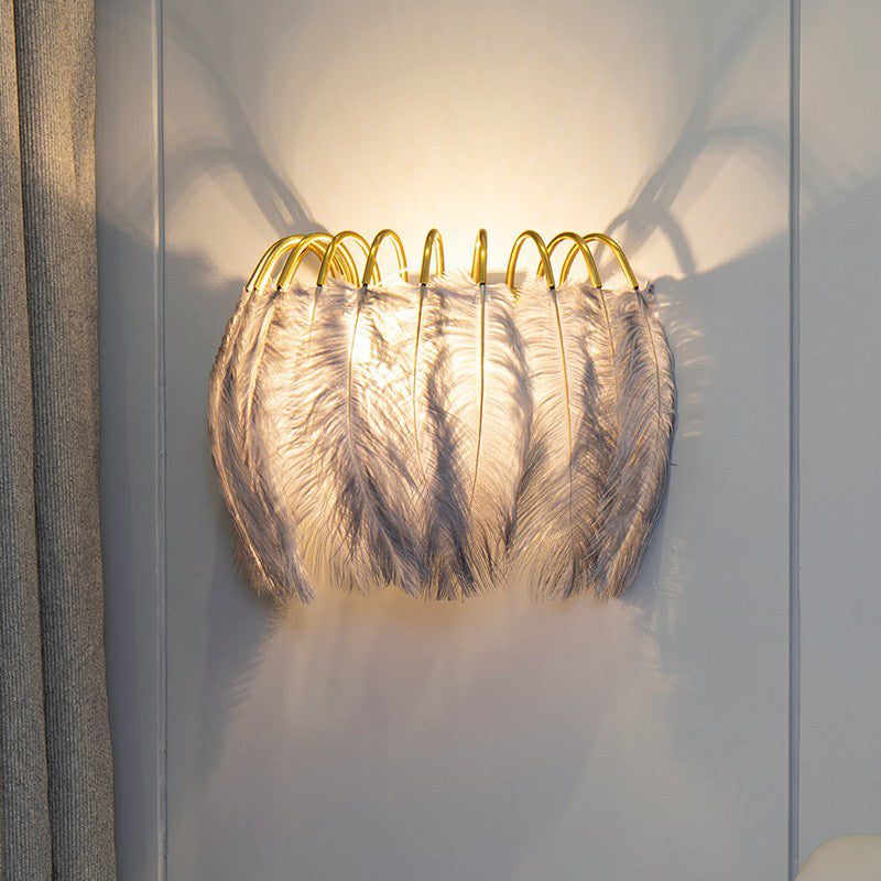 Gold Curved Sconce Lighting Simplicity Single-Bulb Feather Wall Light Fixture for Bedside