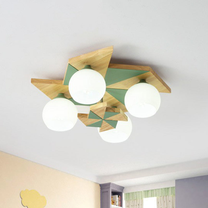 Moulin à vent pour chambre d'enfants, luminaire encastré en bois à 4 têtes, luminaire nordique avec abat-jour en verre opale sphérique