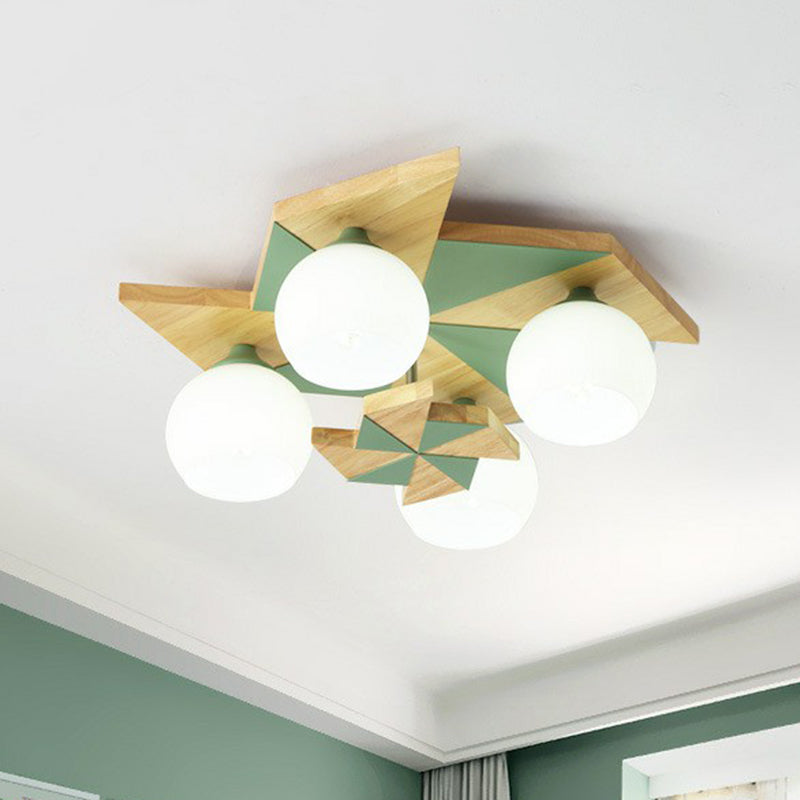 Moulin à vent pour chambre d'enfants, luminaire encastré en bois à 4 têtes, luminaire nordique avec abat-jour en verre opale sphérique