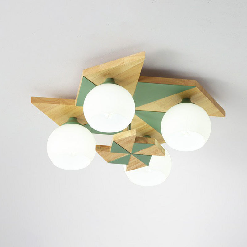 Moulin à vent pour chambre d'enfants, luminaire encastré en bois à 4 têtes, luminaire nordique avec abat-jour en verre opale sphérique