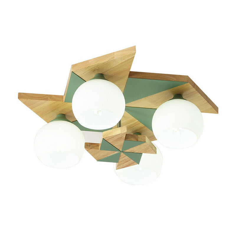 Moulin à vent pour chambre d'enfants, luminaire encastré en bois à 4 têtes, luminaire nordique avec abat-jour en verre opale sphérique
