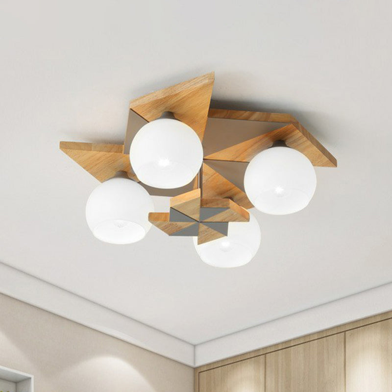 Moulin à vent pour chambre d'enfants, luminaire encastré en bois à 4 têtes, luminaire nordique avec abat-jour en verre opale sphérique