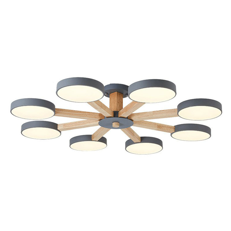 Radial Living Room Semi Flush Light Wooden 8 Heads Macaron Ceiling Flush Mount with Round Acrylic Shade