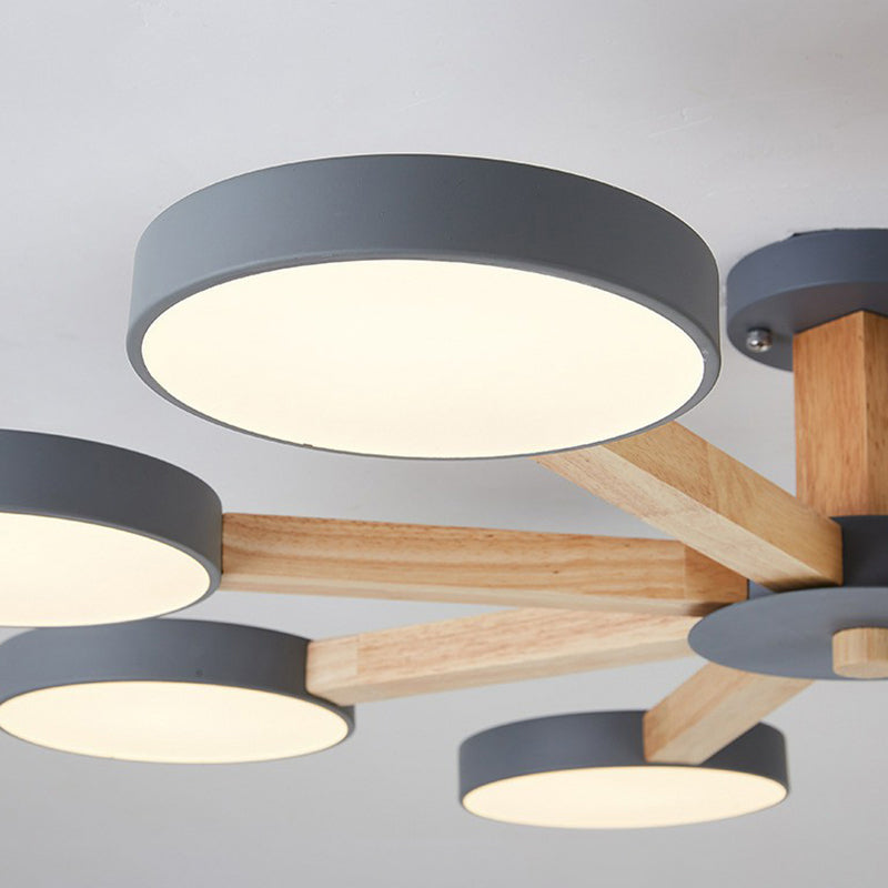Radial Living Room Semi Flush Light Wooden 8 Heads Macaron Ceiling Flush Mount with Round Acrylic Shade