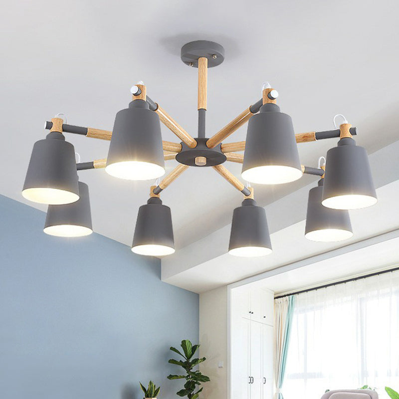 Illuminazione radiale lampadario in legno semplicistico 6 teste sala da pranzo luce a sospensione con ombra metallica affusolata