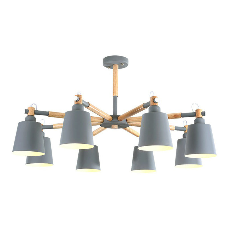 Illuminazione radiale lampadario in legno semplicistico 6 teste sala da pranzo luce a sospensione con ombra metallica affusolata