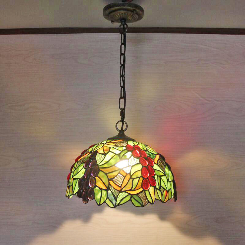 1 Head Suspension Light Decorative Dome Shade Grape Stained Glass Pendant Light Fixture