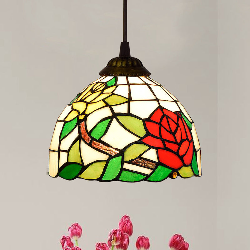 Shaded Pendant Light 1 Bulb Stained Art Glass Tiffany Suspension Light Fixture for Corridor