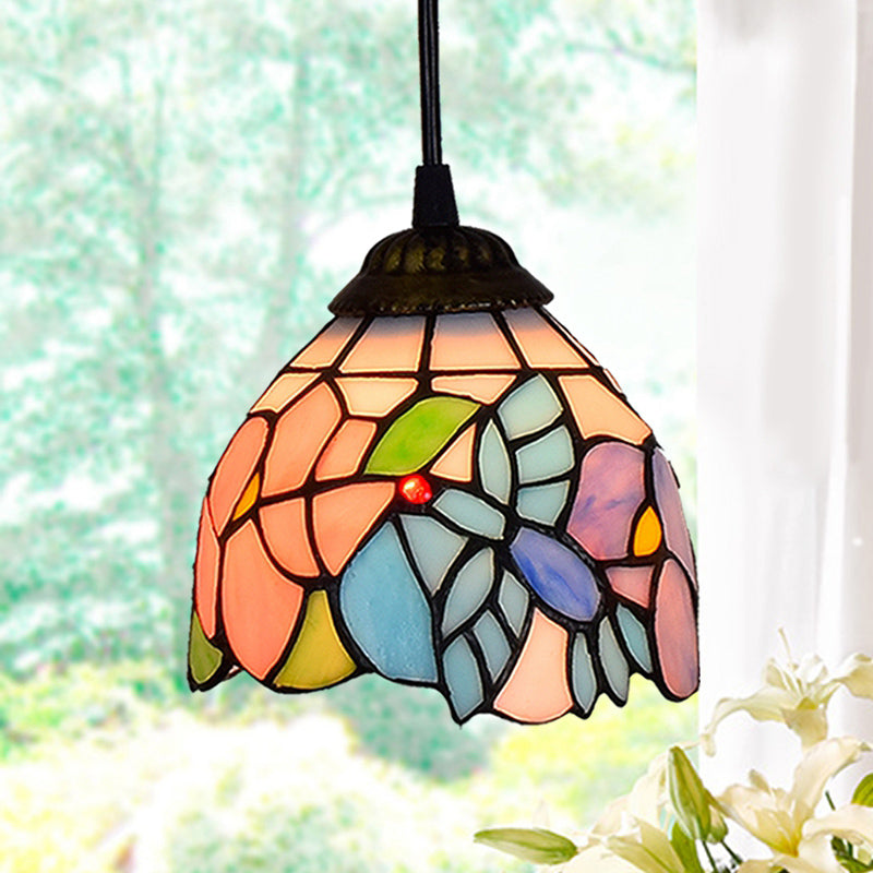 Shaded Pendant Light 1 Bulb Stained Art Glass Tiffany Suspension Light Fixture for Corridor