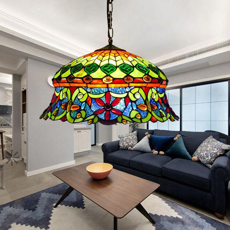 Traditional Shaded Ceiling Light 3 Bulbs Flower Stained Glass Hanging Lamp for Living Room