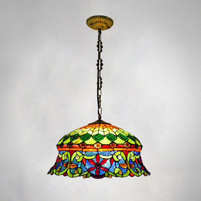 Traditional Shaded Ceiling Light 3 Bulbs Flower Stained Glass Hanging Lamp for Living Room