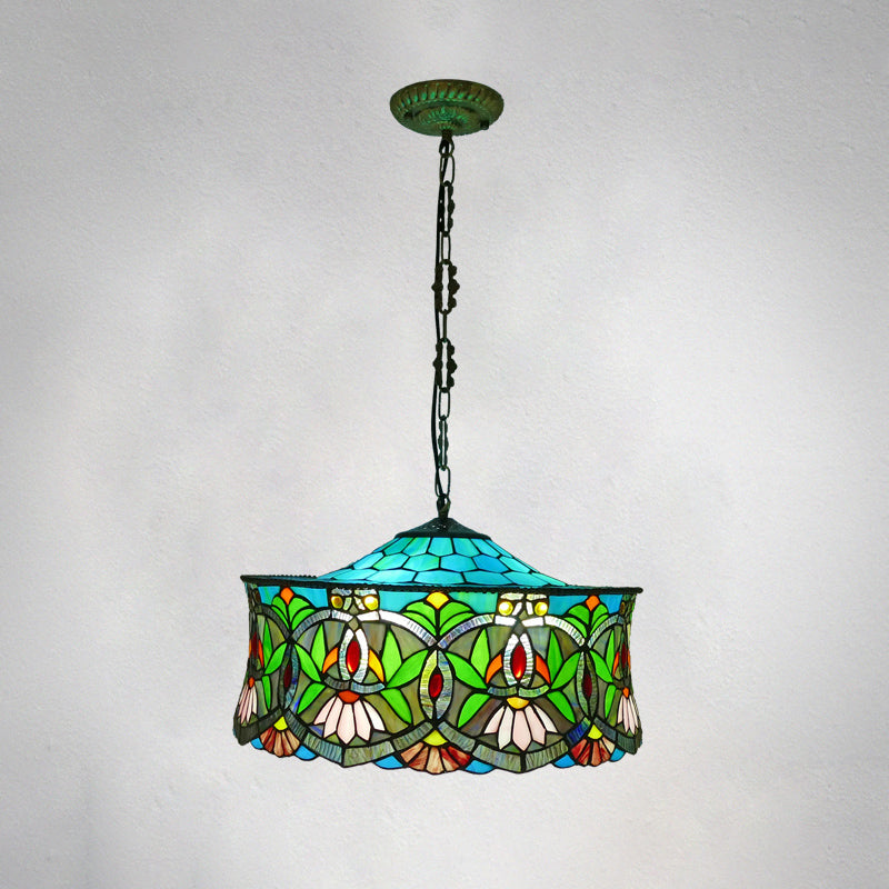 Traditional Shaded Ceiling Light 3 Bulbs Flower Stained Glass Hanging Lamp for Living Room