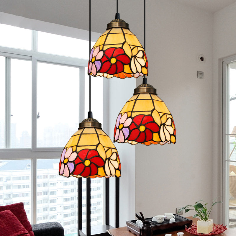 Bell Shaped Multi Light Pendant Decorative Floral Stained Glass 3 Heads Bronze Hanging Lighting