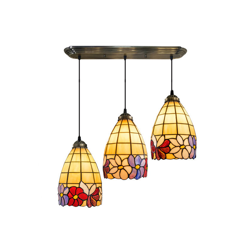 Bell Shaped Multi Light Pendant Decorative Floral Stained Glass 3 Heads Bronze Hanging Lighting