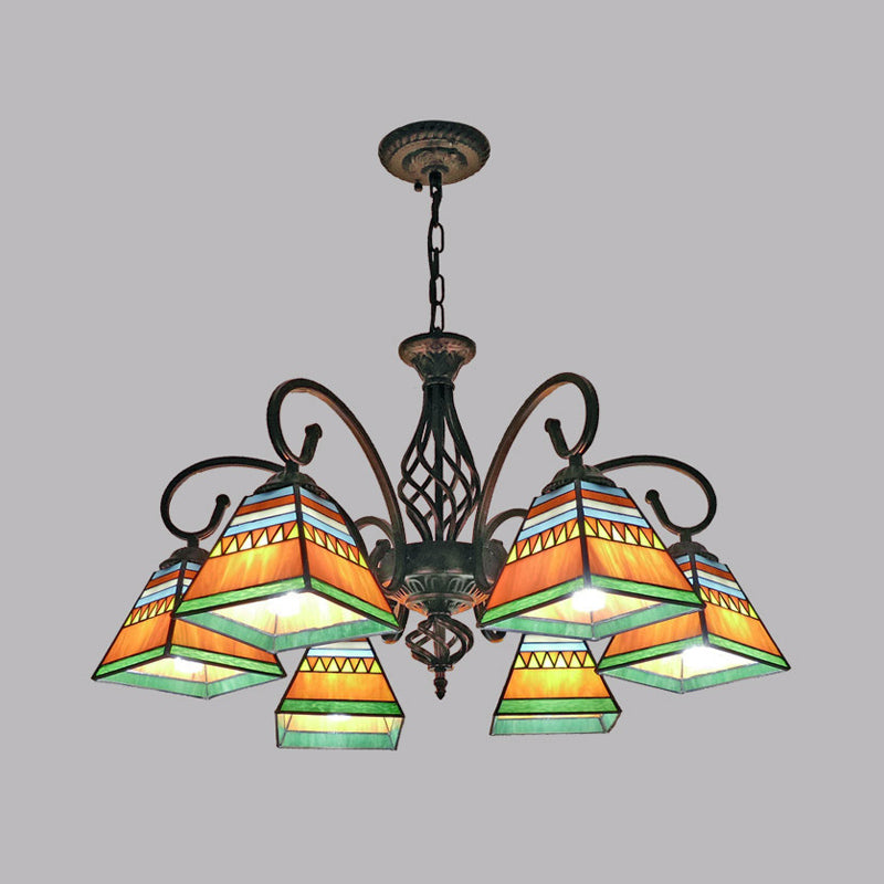 Antique Style Pyramid Ceiling Lighting Stained Art Glass Chandelier Light Fixture for Restaurant