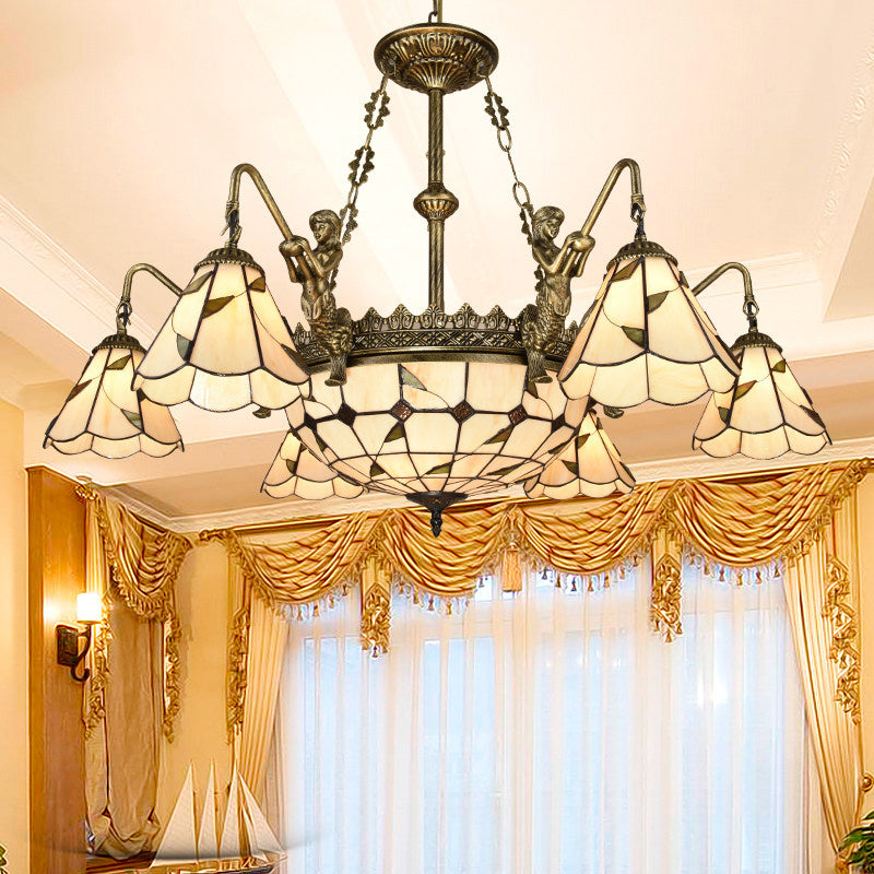 Bell Shade Chandelier Light Classic Classic Glass Glass Bee Gree Pendant Pendant Light Ayémorrat avec bord festonné