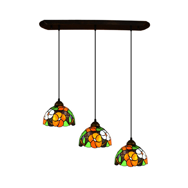 Dome Shade Stained Art Glass Multi Light Pendant Vintage 3 Bulbs Orange Hanging Lighting