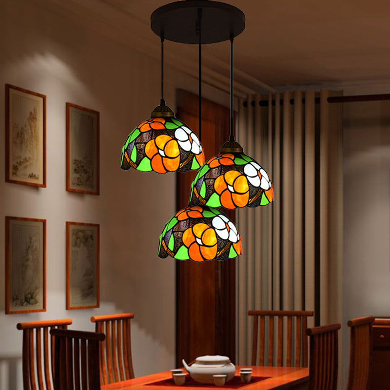 Dome Shade Stained Art Glass Multi Light Pendant Vintage 3 Bulbs Orange Hanging Lighting