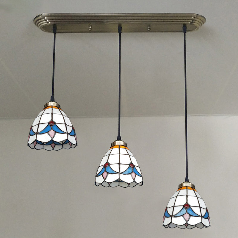 Verre tachée ombragée Lumière traditionnelle 3 têtes Bronze Multi Light Pendant