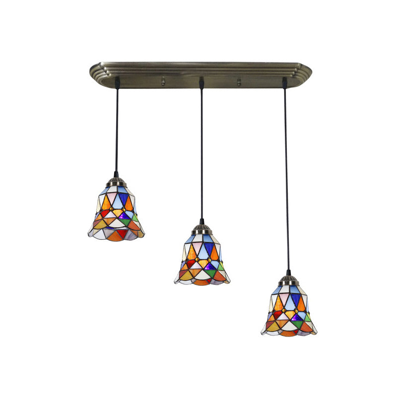 Buntglas schattiert hängende leichte traditionelle 3 Köpfe Bronze Multi -Light -Anhänger