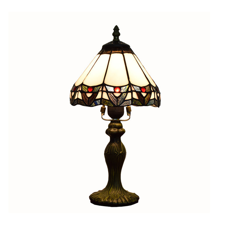 Stained Glass White Table Lamp Conical Shade 1��Head Antique Nightstand Lighting for Bedroom
