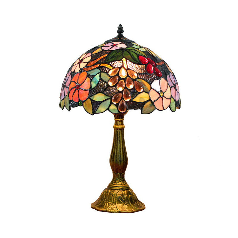 Bowl Table Light Tiffany Stained Art Glass Single Antique Brass Nightstand Lamp with Flower and Grape Pattern
