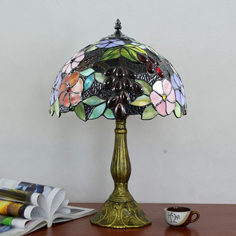 Bowl Table Light Tiffany Stained Art Glass Single Antique Brass Nightstand Lamp with Flower and Grape Pattern