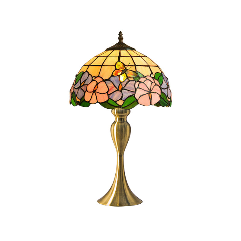 Vintage Dome Table Lamp Single-Bulb Handcrafted Glass Nightstand Lighting with Floral Pattern