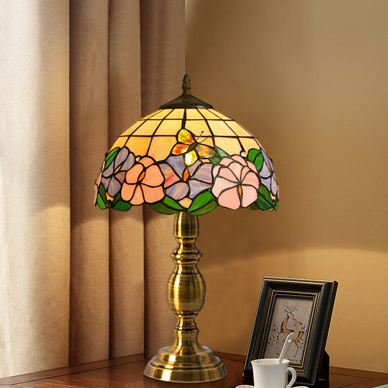 Vintage Dome Table Lamp Single-Bulb Handcrafted Glass Nightstand Lighting with Floral Pattern